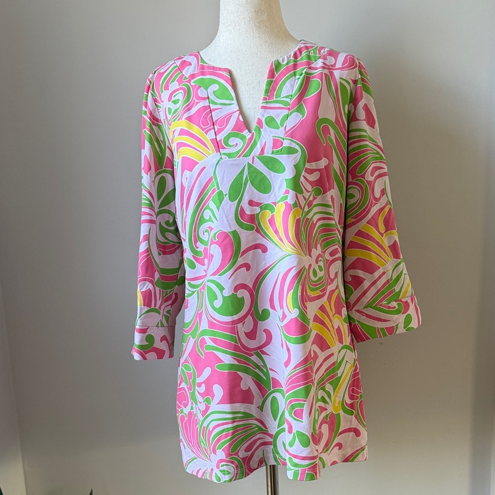Katherine Way Pink Floral V neck Tunic Vibrant Performance Top Size